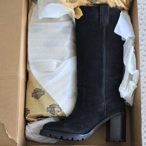 Harley-Davidson Black Suede Mid-Calf Block Heel Boot